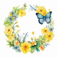 a watercolor painting of a wreath with flowers and a butterfly on it's side