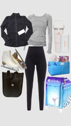 a woman wearing leggings and sports bra is standing next to her bag, purse, water bottle and other items