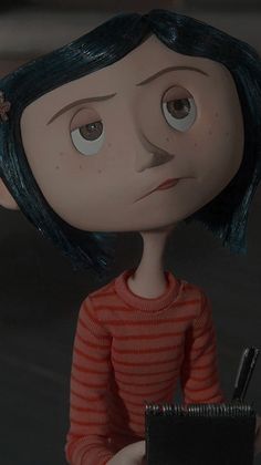 an animated doll holding a notepad and pen in her right hand, looking at the camera