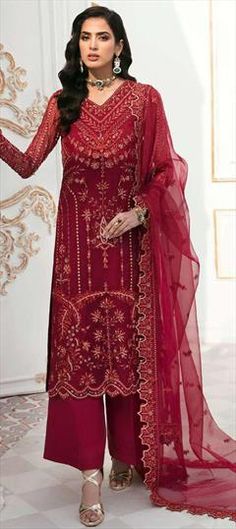 Red and Maroon color Salwar Kameez in Organza Silk fabric with Embroidered, Sequence work Formal Red Salwar Kameez With Intricate Embroidery, Red Embroidered Salwar Kameez For Formal Occasions, Formal Red Embroidered Salwar Kameez, Formal Embroidered Red Sharara, Formal Red Embroidered Sharara, Red Semi-stitched Churidar With Intricate Embroidery, Red Georgette Salwar Kameez For Formal Occasions, Semi-stitched Red Churidar With Intricate Embroidery, Bollywood Style Red Churidar With Intricate Embroidery