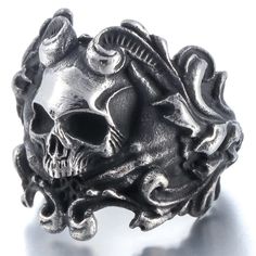 PRICES MAY VARY. 💀Gothic Skull Rings💀: Unique skull rings with 3D skull design and retro treatment; Skull rings symbolize protection,rebellion,fearlessness,strength and power; Wearing skull rings would make you feel masculine and strong,and stand out from the crowd in a extremely trendy look. 💀Material💀: Made from premium 316L stainless steel,never tarnish or rust; Nickel and lead free,safe for sensitive skin. 💀Details💀: Approx 26.7x23.2 mm or 1.05x0.91 inch (LxW); Approx 16.8 gram (0.59 O Emo Rings Men, Emo Rings, Boy Jewelry, Mens Skull Rings, Skull Rings, Gothic Ring, Skin Details, 2nd Chance, Edgy Jewelry