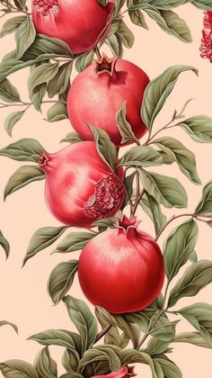 a painting of pomegranates with leaves and flowers on a beige background