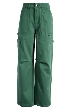 Fall for the silhouette of these casual-cool carpenter pants designed with wide legs. 29" inseam; 19" leg opening; 11 1/2" front rise; 14 1/2" back rise (size 29) 100% cotton Machine wash, line dry Imported Green Wide Leg Pants For Streetwear, Green Fall Cargo Jeans Full Length, Green Utility Wide Leg Pants, Green Cotton Cargo Wide Leg Pants, Green Cargo Jeans For Fall, Green Cotton Cargo Style Wide Leg Pants, Baggy Green Cargo Jeans In Utility Style, Green Cotton Wide Leg Pants With Cargo Pockets, Green Wide Leg Cargo Pants With Hip Pockets