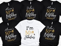 "50th birthday shirts for women group, 50 and fabulous Shirt, 50th birthday party shirts, girls 50th birthday tshirts, funny birthday group ❤️ Product Details: solid color unisex tees are super soft ring-spun cotton heather tees are a soft cotton-poly blend light fabric (4.2 oz/yd²) loved by all name brand Bella+Canvas runs true to size in a loose fit excellent quality print ❤️ HOW TO ORDER T-SHIRT 1-) Please, Check and Review all Photos. 2-) Select Your T-shirt Size. 3-) Click ADD TO CART and Y Birthday Shirt Ideas, 50th Birthday Tshirts, Birthday Group Shirts, Bachelorette Party Shirts Funny, Bridal Shower Shirts, Birthday Party Shirts, Birthday Squad Shirts, 30th Birthday Shirts, 50th Birthday Shirts