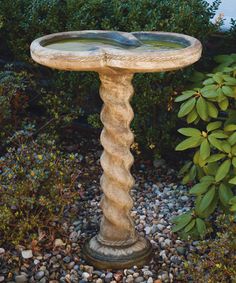 a bird bath sitting on top of a stone pedestal in the middle of a garden