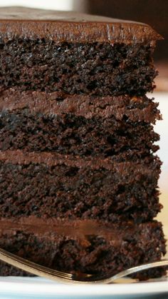 a piece of chocolate cake on a plate with a fork