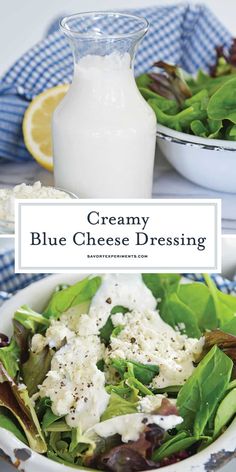 a bowl filled with salad next to a bottle of cream cheese dressing on top of a blue and white checkered table cloth