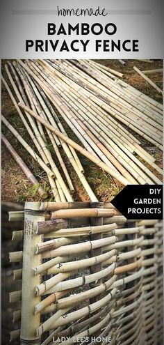 bamboo privacy fence with text overlay that reads homemade bamboo privacy fence diy craft projects