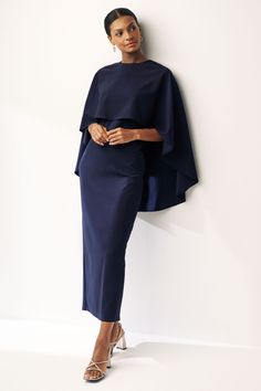 Buy Navy Blue Cape Detail Maxi Dress from the Next UK online shop Blue Cape, Look Office, Graduation Party Dresses, Classic Skirts, Event Outfit, Maxi Dress Navy, Cape Dress, Style Cardigan, Wedding Dresses Unique