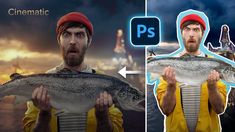 two photos side by side, one showing a man holding a fish and the other shows an image of a person wearing a red beanie