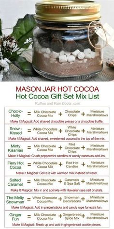 a mason jar filled with hot cocoa and marshmallows for christmas gift ideas