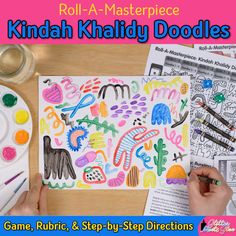 a kid's hand holding a paintbrush and drawing on paper with the words, roll - a - masterpiece kiddy doodles