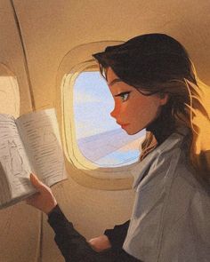 a woman reading a book while sitting on an airplane with the window open and looking out