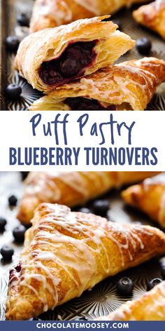 puff pastry blueberry turnoverers on a baking sheet with the title text overlay reads puff pastry blueberry turnoverers