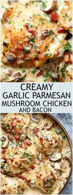 creamy garlic parmesan mushroom chicken and bacon casserole is an easy dinner recipe