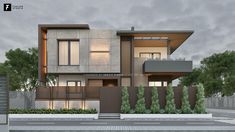 an architectural rendering of a two story house on the corner of a street with trees and bushes