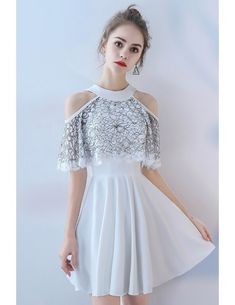 White Short Sleeve Dress For Prom, White Mini Dress For Prom And Party Season, White Mini Dress For Evening Prom, Off-shoulder Fit And Flare Party Dress, Fit And Flare Off-shoulder Party Dress, White Fitted Midi Dress For Prom, Summer Mini Evening Dress For Banquet, Summer Mini Length Evening Dress For Banquet, Summer Banquet A-line Dress