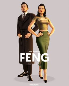 a man and woman standing next to each other in front of a poster for feng