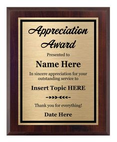 an award plaque is shown with the words appreciation, and it has a wooden frame