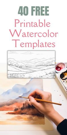 a person holding a paintbrush and drawing watercolor on paper with the words 40 free printable watercolor templates