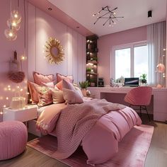 a bedroom decorated in pink and gold with lights on the ceiling, bedding and pillows