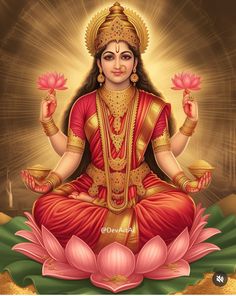 the goddess sitting on top of a lotus with her hands in each other's pockets