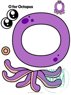 an octopus is sitting in front of the letter o for octopus coloring page, with two eyes