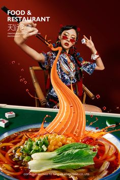 an advertisement for food and restaurant with a woman holding a spoon in front of her head