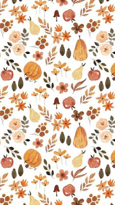 a white background with orange and brown flowers, leaves and acorns on it