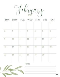 a calendar with the word february on it and a green leafy branch in the middle