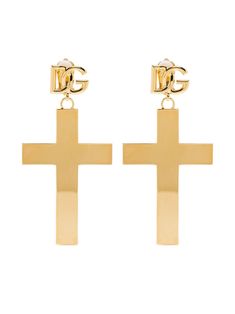 gold-tone brass logo plaque drop design cross pendant clip-on design polished finish These earrings come as a pair. Elegant Gold Jewelry With Metal Logo, Designer Gold Jewelry With Metal Logo, Elegant Gold-tone Jewelry With Metal Logo, Drop Design, Drops Design, Cross Pendant, Gold Earrings, Dolce And Gabbana, Gold Tones