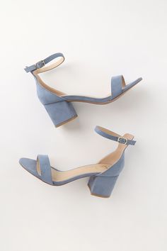 Chic Blue Sandals - Single Sole Heels - Block Heel Sandals Blue Low Heel Block Heels For Spring, Blue Block Heels With Stacked Heel For Spring, Casual Light Blue Heels With Ankle Strap, Blue Padded Heel Block Heels For Spring, Blue Block Heels With Padded Heel For Spring, Spring Blue Block Heels With Heel Strap, Blue Block Heels With Heel Strap For Spring, Spring Blue Ankle Strap Block Heels, Blue Sandals With Low Stacked Heel