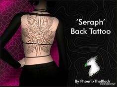 an image of a woman's back tattoo with the words, seraph'back tattoo