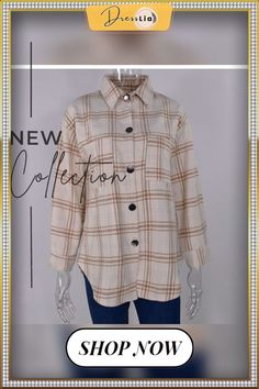 Autumn Winter Long Plaid Shirt Women Casual White Long Sleeve Pocket Button Up Collared Shirt Top Clothes Fashion New Fall Trendy Beige Long Sleeve Shirt, Plaid Tops With Casual Collar And Button Closure, Beige Long Sleeve Button Shirt, Collared Beige Shirt For Fall, Fall Collared Shirt With Snap Buttons, Collared Beige Blouse For Fall, White Button Closure Shirt For Fall, Beige Collared Blouse For Fall, Fall Beige Collared Blouse