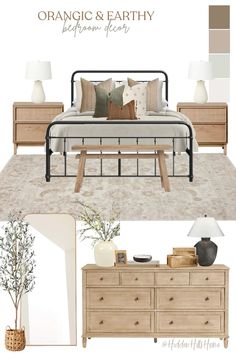 an image of a bedroom with furniture and decor in neutral colors, including the bed