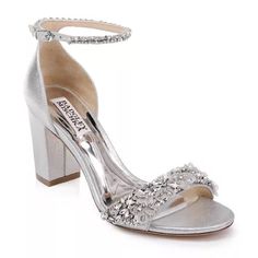 Badgley Mischka Finesse Ii Embellished Block Heel. Metallic Silver Suede. Suede Upper With Leather Outside. Embellished Toe Strap With Block Heel And Ankle Strap. Crystal And Flower Embellishments. Adjustable Ankle Strap Buckle. Round Toe. Fit Is True To Size. Very Comfortable And Very Beautiful!! Worn One Time For Wedding. Toe Embellishments Are All In Tack. Some Of The Ankle Stones Might Be Slightly Drooping. Some Slight Signs Of Wear On Interior And Outer Leather. In Otherwise Excellent Condition With A Lot Of Life Left!! Smoke Free Home. 3 Inch Heel Height Footwear Ideas, Wedding Shoes Block Heel, Diamond High Heels, Badgley Mischka Shoes, Strap Sandals Women, Fancy Shoes, Prom Shoes, Evening Shoes, Silver Shoes