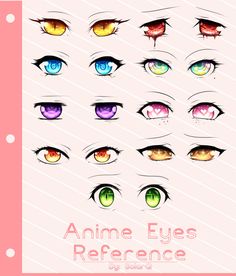 an anime eye reference sheet with different colored eyes and their corresponding colors are shown in the image