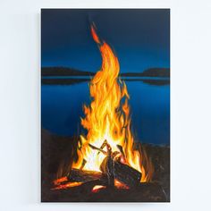 a painting of two people sitting in front of a campfire with the fire blazing