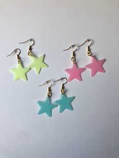 Glow in the dark stars usually used for bedroom decor repurposed into earrings made with gold hypoallergenic findings. Green Star Earrings For Pierced Ears, Strange Earrings, Kidcore Earrings, Crazy Earrings, Glow In The Dark Stars, Dark Stars, Star Decor, Upcycle Decor, Funky Earrings