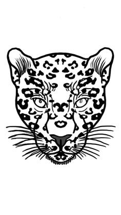 a black and white drawing of a leopard's face