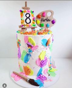 a birthday cake decorated with an image of the number eight