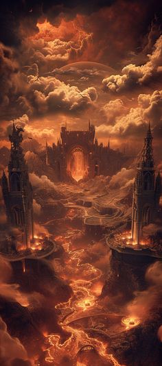 an image of a castle in the sky with fire coming out of it's gates