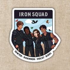 the iron squad sticker is shown in front of a burlocked background