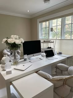 a white desk with a computer on top of it