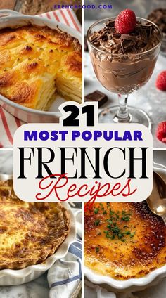 the collage shows different types of french desserts with text overlay that reads, 21 most popular french recipes