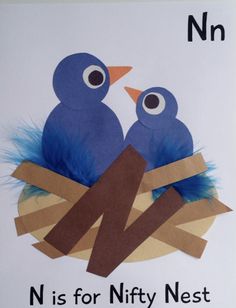 two blue birds sitting on top of a nest with the letter n in it's center