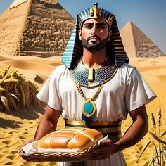 an egyptian man holding bread in front of the pyramids