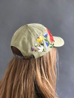 The unique bridesmaid gift is a custom hand-embroidered hat from Kazkova Embroidery. A personalized embroidered baseball hat is a good accessory for a bachelorette party. Color: khaki baseball cap. Design: hand-embroidered poppy with wildflowers. Cap size (head circumference): 55 - 67 cm. The quality of the embroidery and baseball cap is superior, I guarantee! ;) 🌿PLEASE NOTE I NEED 2 WEEKS TO EMBROIDER THIS HAT FOR YOU🌿 GET 10% OFF YOUR 1ST ORDER! Get a 10% off coupon code for our Etsy shop b Handmade Hats As Spring Gifts, Adjustable Hats With Handmade Flowers For Gifts, Adjustable Hats With Handmade Flowers As Gift, Adjustable Hat With Handmade Flowers As Gift, Whimsical Spring Hats For Gifts, Whimsical Spring Hats For Gift, Whimsical Spring Hats As Gifts, Flower-shaped Spring Hat For Gifts, Spring Embroidered Hat For Gift