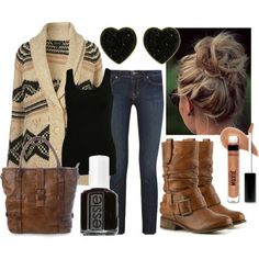 Cute For Fall - Click Image To Find More Women's Fashion Pinterest Pins Fall Outfits Polyvore, Rustic Clothing, Warm Outfit, Early Fall Outfits, Mode Hippie, Looks Country, Fall Boots, Outfits Polyvore, Brown Fall