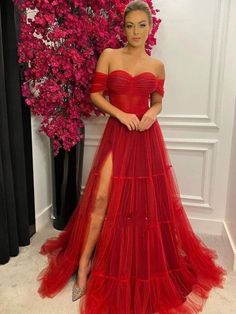 Off the Shoulder Dark Red Tulle Long Prom Dresses with High Slit, Dark Red Formal Graduation Evening Dresses SP2876 Gaun Tulle, Formal Gowns Evening Dresses, Off The Shoulder Prom Dress, Girl Party Dress, Party Dress Women, Off Shoulder Evening Dress, Red Corset, Red Evening Dress, Red Prom